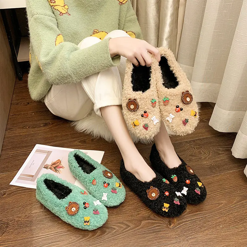 cute bear decoration fur flats women round toe anti-slip lamb wool loafers oxford winter shoes woman warl plush moccasins s532