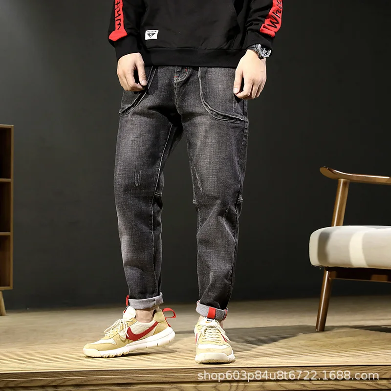 

2019 Autumn And Winter Trend Dark Gray Large Pocket Japanese-style Loose-Fit Harem Elasticity Handsome Small Craft Harem Jeans