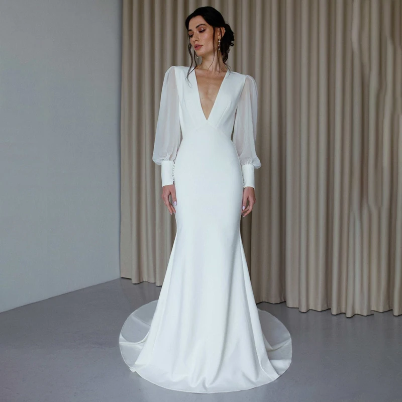 

V neck long sleeve mermaid wedding dress Modern Backless batas de novia para boda Minimalist deep plunging neckline bride gown