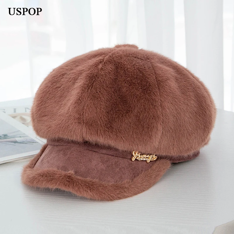 

USPOP 2019 New women hats thick warm winter hats female mink velvet octagonal hats patchwork newsboy caps