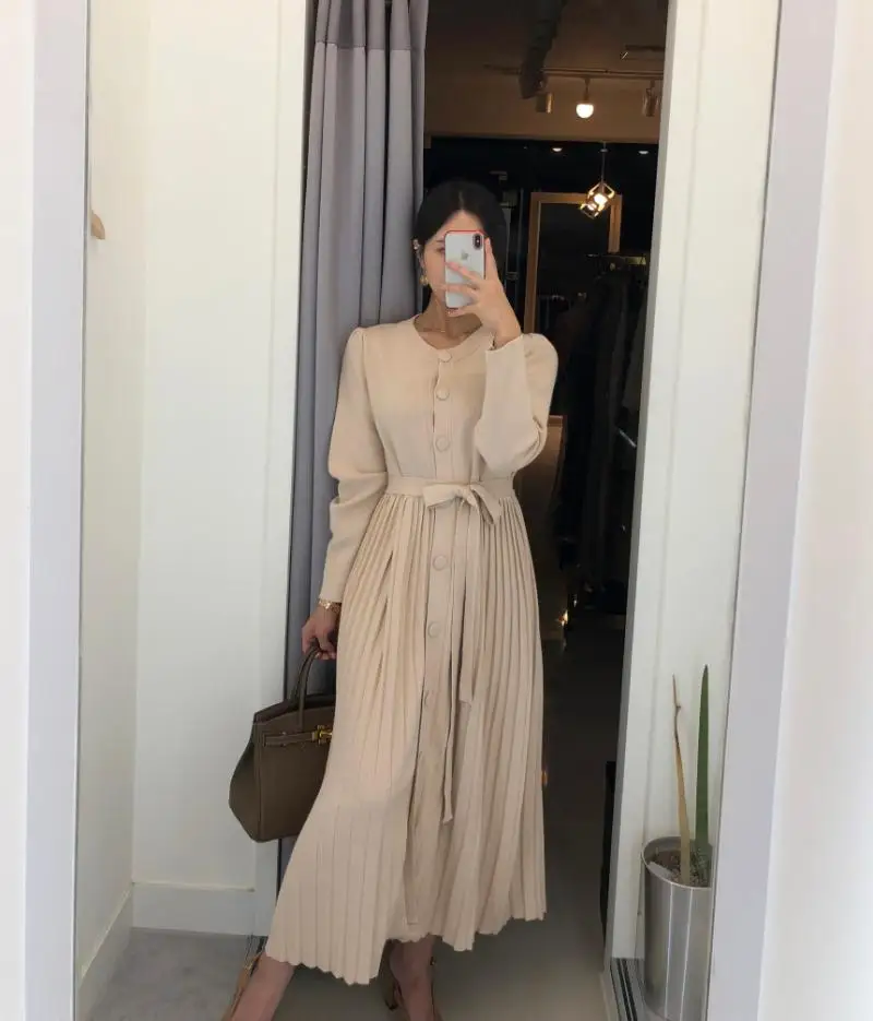 Korean Series Fairy Versatile Slimming Single Breasted Lace-up Pleated Skirt Pendulum Dress Knitted Long Skirts Women's