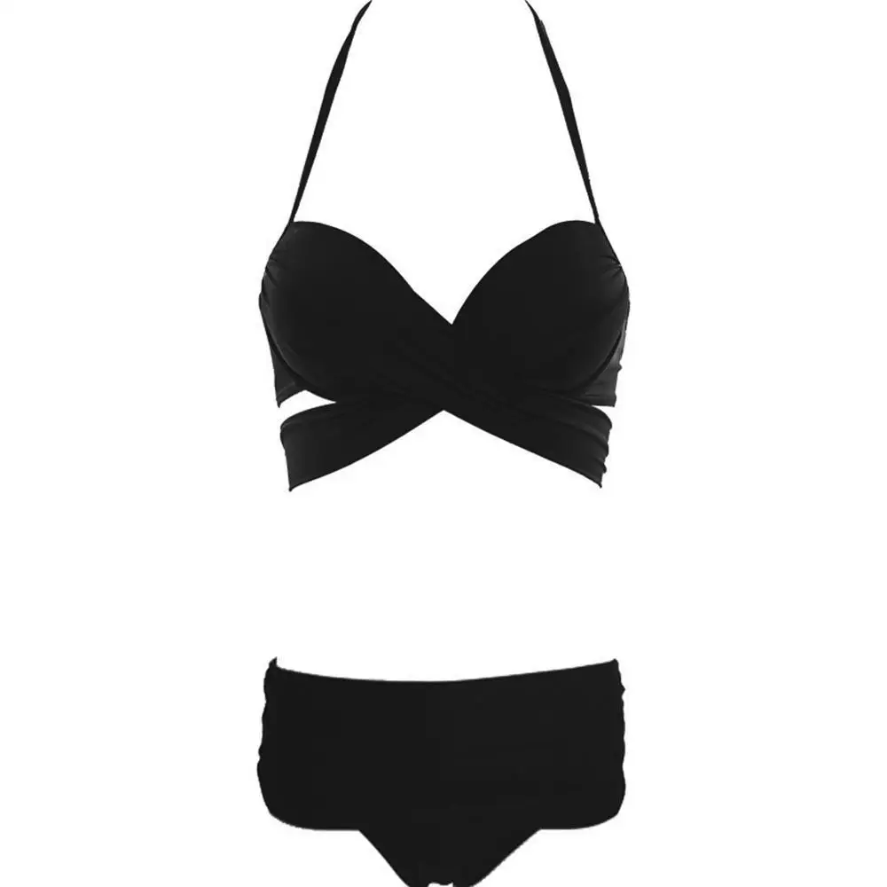 

Swimsuit Bikini Women Black Sexy Bandage Halter Swimwear Middle Waist Separated Bathing Suits Female Beach Summer