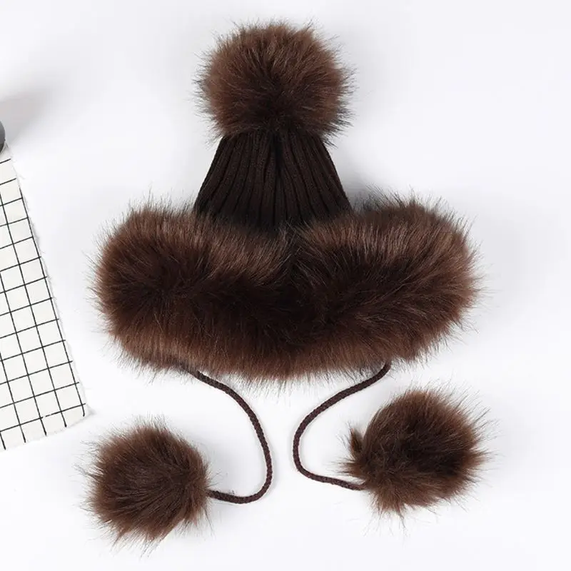 

Womens Winter Fluffy Plush Stretchy Beanie Cap Russian Style Knitted Trapper Bomber Hat Outdoor Snow Ski Warmer with Pompom Ball