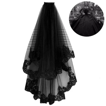 

Black Wedding Veil Cathedral Hair Veil With Comb Lace Edge Two Layers Tulle Bridal Veil Wedding Halloween Party Dress