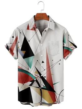 2021 Men's Short Sleeve Lapel Shirt Large Size Geometry 8 3D Printed Men's Shirt with Pockets