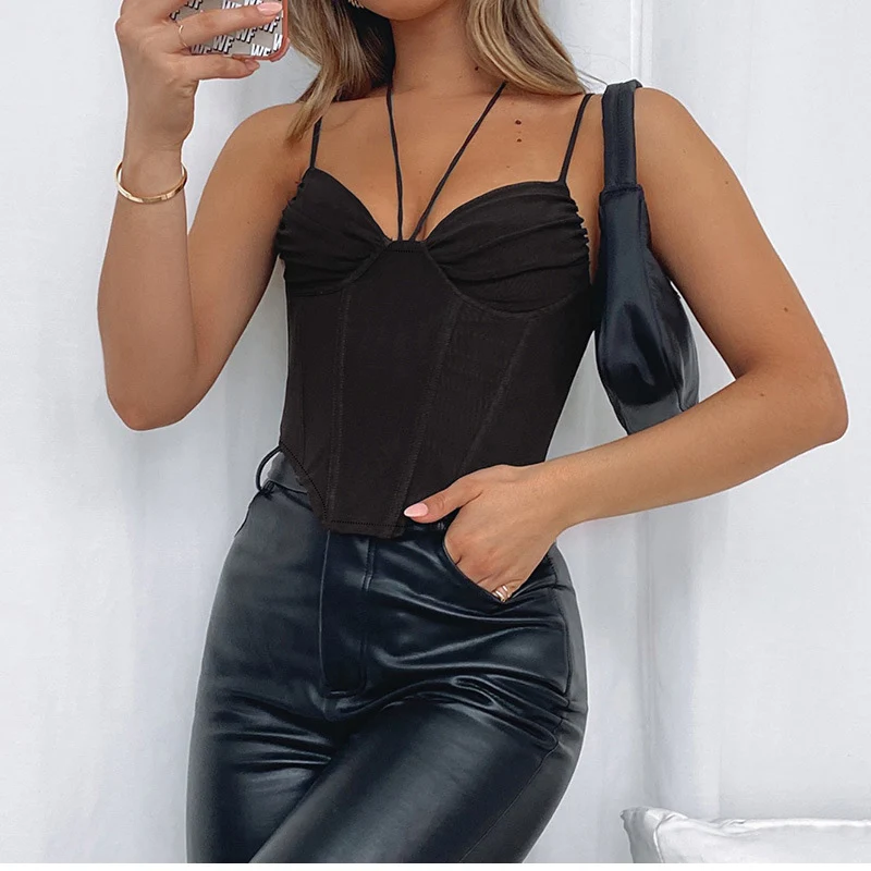 2022 Women Sexy Crop Top V-Neck Sleeveless Bustier Corset Top Summer Fashion Backless Halter Cami Top Y2K Clubwear Green Black spanx camisole