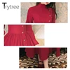 Trytree 2020 Autumn Winter Casual Women's Dress Corduroy Stand Collar Side Buttons Puff Sleeve Ankle-Length A-line Vintage Dress 6