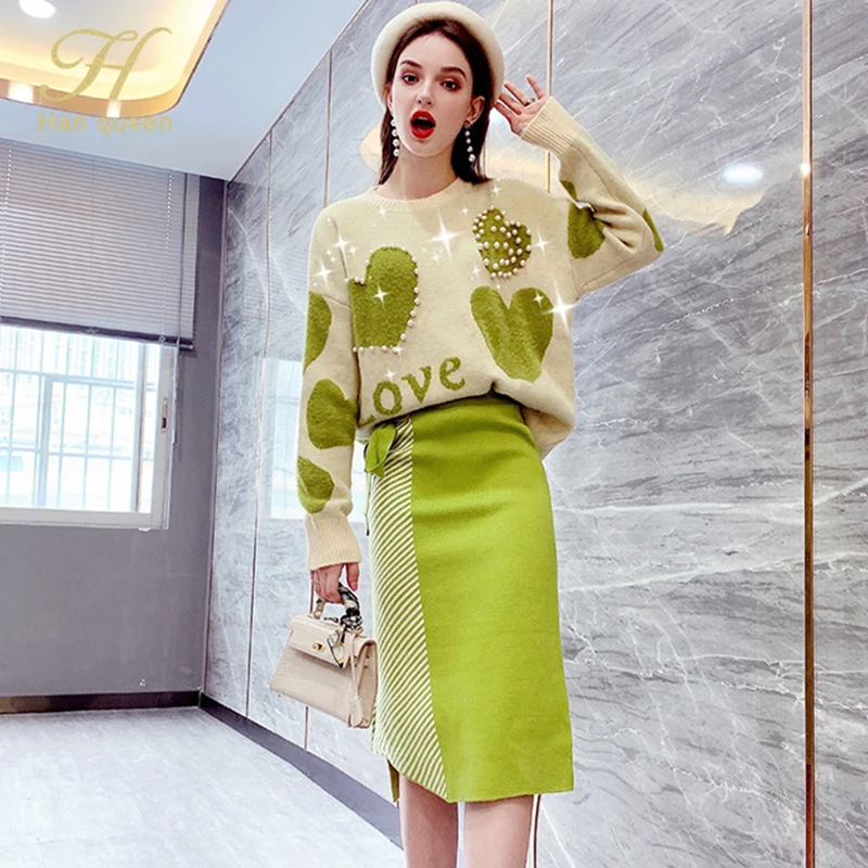 H Han Queen Women Autumn Elastic Casual Knitted Beaded Love Loose Sweater Set Winter New Irregular Skirt Two-piece Suit skirt |