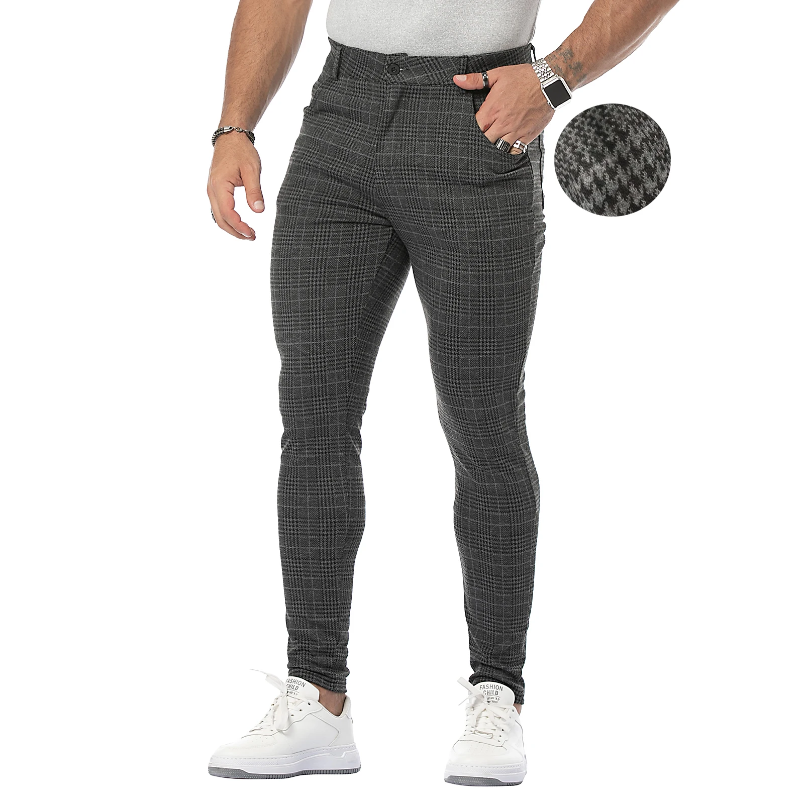Men Casual Pants Streetwear Chinos Plaid Fitness Skiny Bottom Jogger Sweatpants Fashion Trousers Stripe Track