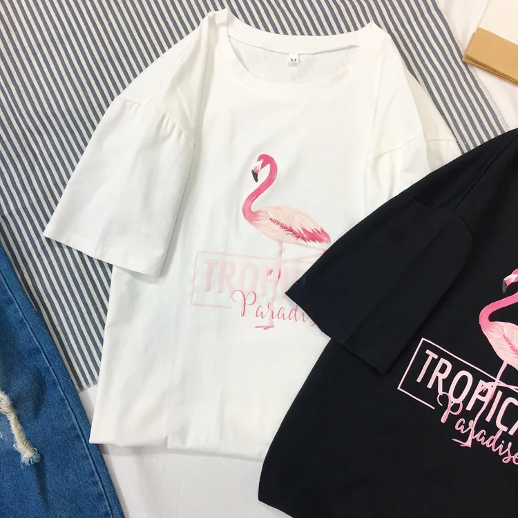 2019 Модные женские футболки с принтом Фламинго белые хлопковые Летние