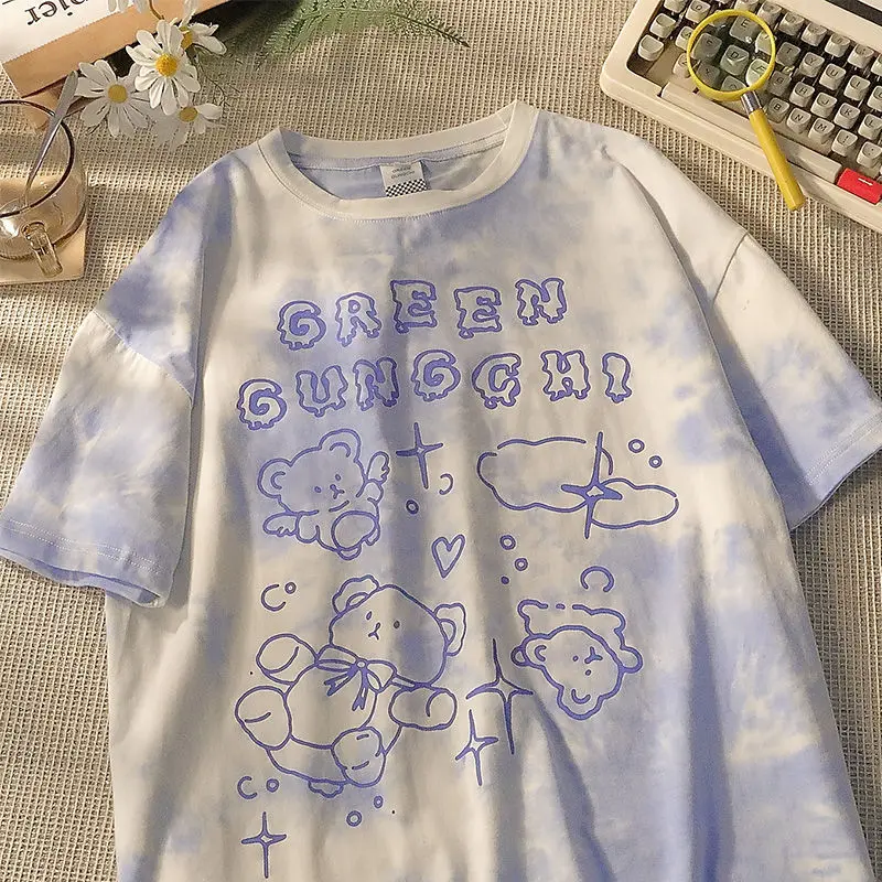 Harajuku-Camiseta con oso para mujer, ropa de calle de gran tamaño, Top de manga corta Harajuku para mujer, camisetas teñidas de Hip Hop