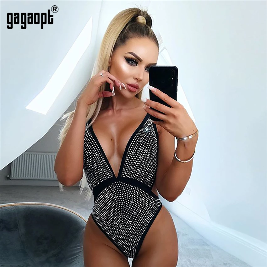 Gagaopt женское сексуальное боди со стразами, черное боди с v-образным вырезом, комбинезон, комбинезон