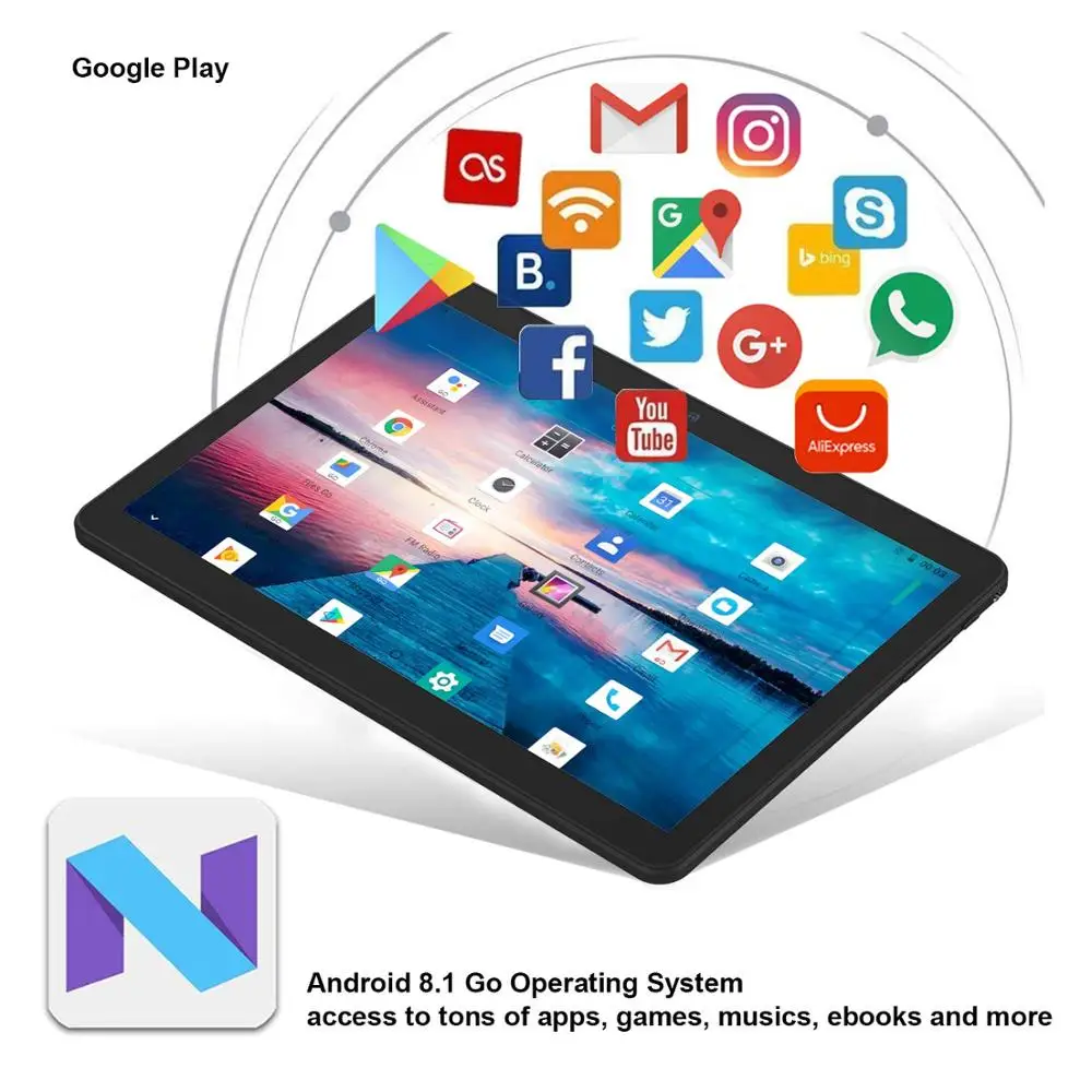 NEW 10.1 Inch Tablet Pc Android Tablet 1280*800 IPS 4GB+64GB Dual SIM 3G Tablet Quad Core Android 8.0 Bluetooth WiFi Tablets 10