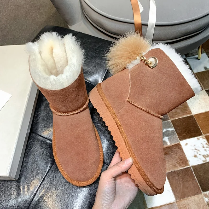 brown ZVQ; зимние кожаные сапоги; милые модные женские туфли на плоской подошве; женская обувь с украшением из кроличьего меха; цвет коричневый, черный; женская обувь - Цвет: brown