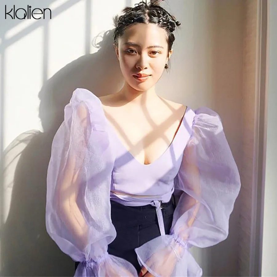 

KLALIEN Mesh Patchwork Lace Up Sexy V-Neck Long Sleeve Top Lady Solid lace-up Slim Short Tee 2019 New Fashion Summer T-Shirt