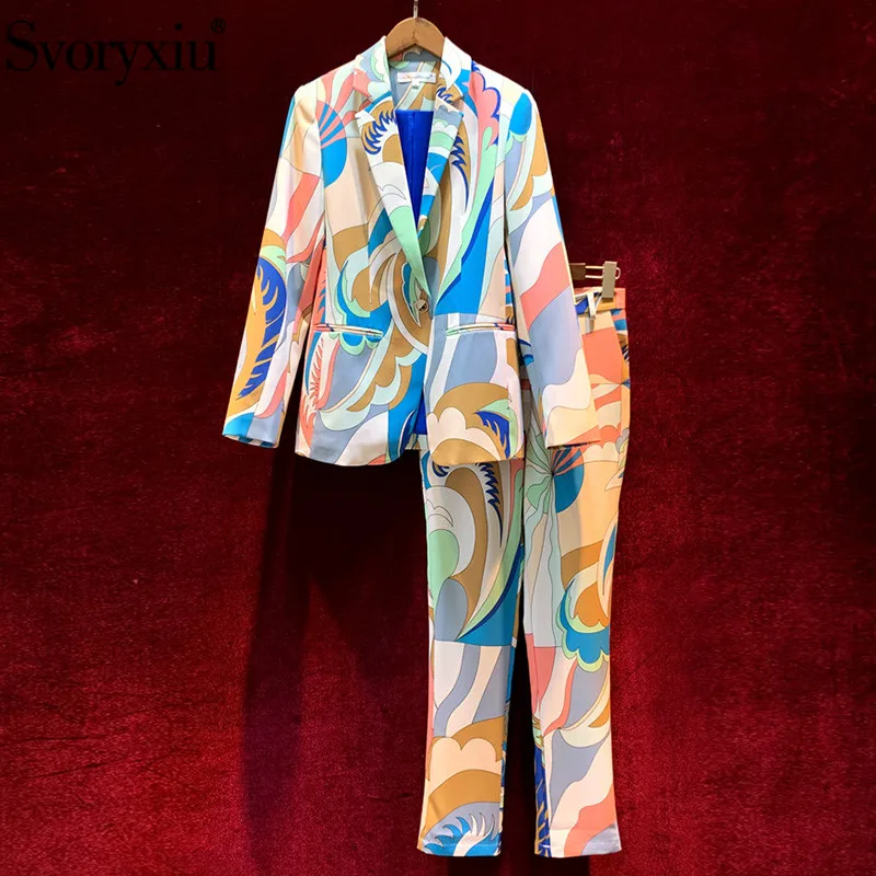 

Svoryxiu Designer Autumn Winter Fashion Pants Suit Women's Single Button Print Blazer + Pants Elegant Office Lady Two Piece Set