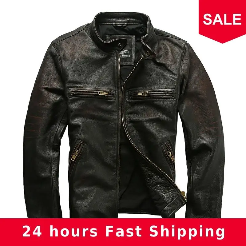 

2020 Vintage Black Men American Style Motorcycle Leather Jacket Plus Size 6XL Genuine Cowhide Autumn Slim Fit Biker's Coat