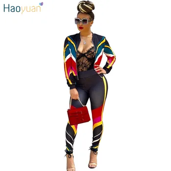 

HAOYUAN Plus Size 2 Two Piece Set Women Clothes Striped Zip Tops+Bodycon Pants Sweat Suit Casual Outfits Matching Sets Tracksuit