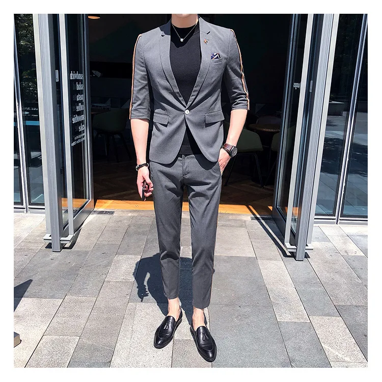 Tops+ pants) casual business seven points sleeve suit men's suit summer handsome night Slim barber suit suit wedding