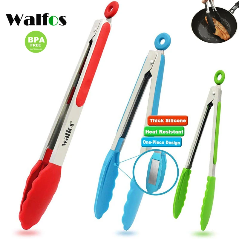 WALFOS Food Grade 100% Non Stick Silicone Tongs Kitchen Tongs Utensil Cooking Tong Clip Clamp Accessories Salad Serving BBQ Tool food tongs