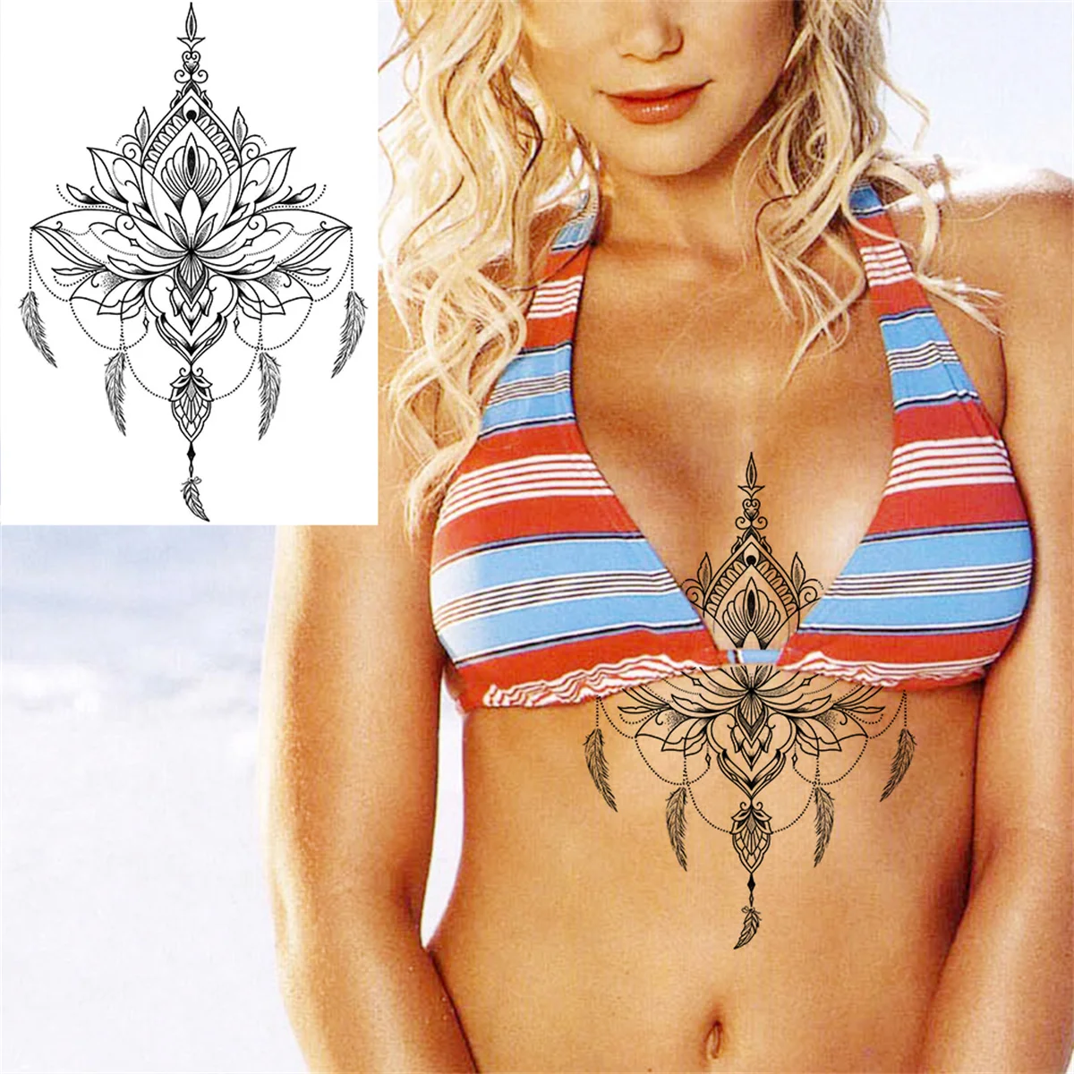 Pendant Flower Temporary Tattoos For Women Adult Fake Jewelry Tattoo Sticker Peony Black Henna Moon Large Thigh Tatoo Waterproof 2