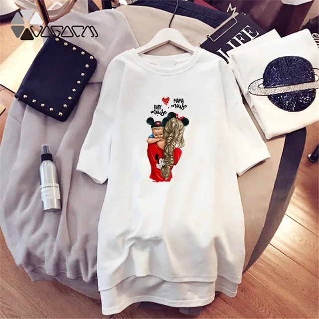 2021 Women Cartoon Print Dresses Mom and Kids Short Sleeve Mini Dress Loose Straight T-Shirt Robe Femme Casual Vestidos Kawaii D001A802 White