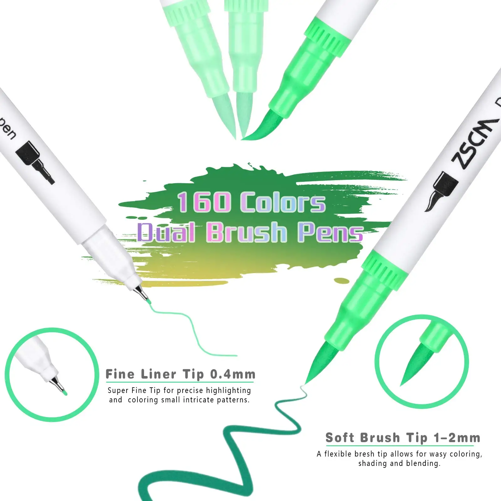 ZSCM12/24/60/160 double brush art marker pen writing calligraphy fine brush nib pen back to school office art supplies