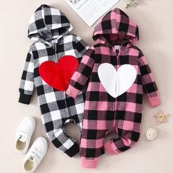 Combinaison à manches longues pour bébé, barboteuse à capuche avec fermeture éclair, à carreaux, pour garçon et fille, pour la saint valentin, automne et hiver 
