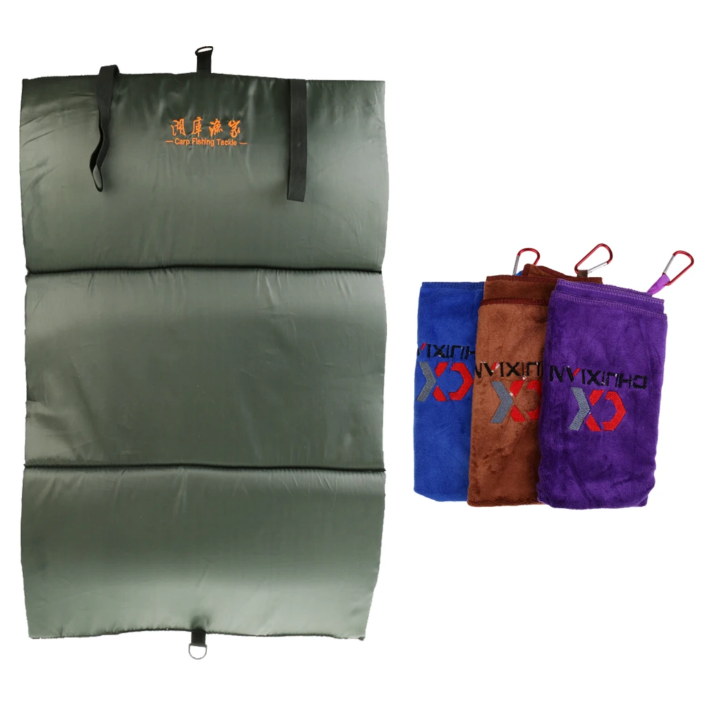 

Quick Dry Hand Towel Non-stick Bait Towel+Unhooking Landing Mat Portable Fishing Tool with Carabiner for Outdoor Fising Camping
