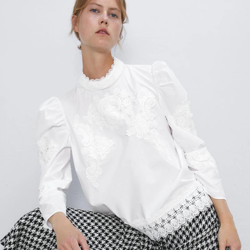 

Fandy Lokar Poplin Lace Patchwork Blouses Women Fashion Puff Long Sleeve Shirts Women Elegant Solid Tops Female Ladies