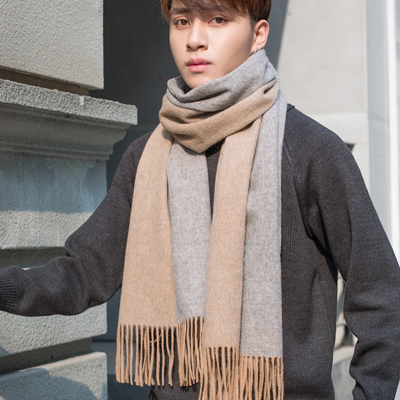 

100% Wool Scarf for Men Double-sided Color Wraps Warm Neck Scarves Male Fashion Winter Cashmere Scarves Echarpe Bufandas Hombre