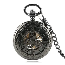 Black/Silver/Rose Gold Gear Wheel Hollow Roman Numerals Hunter Mechanical Hand Winding Mechanical Pocket Watch Pocket Chain