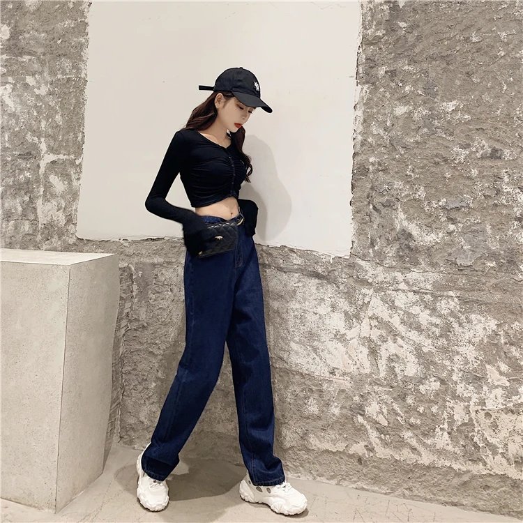Retro loose high waist straight-bottomed jeans Slim broad-legged trousers in autumn