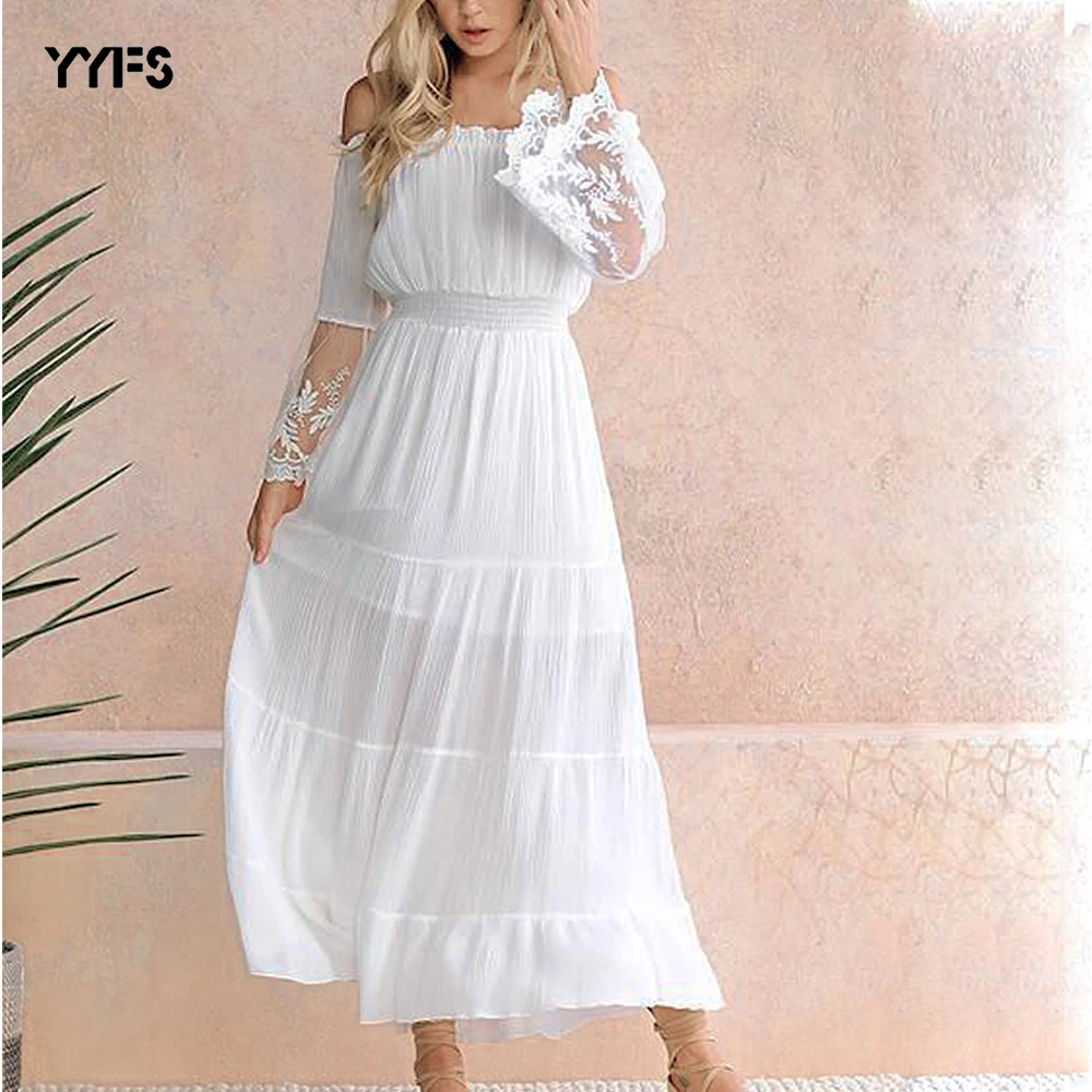 white maxi dress off shoulder