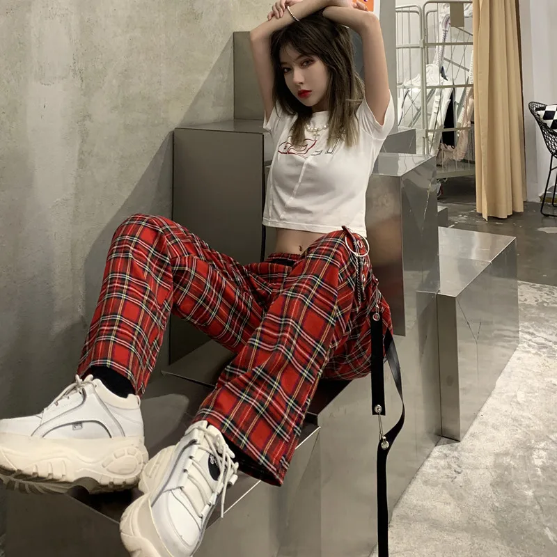 Women's Harajuku Retro Wide Leg Pants Loose High Waist Casual Punk Red Plaid Cargo Mopping Pants
