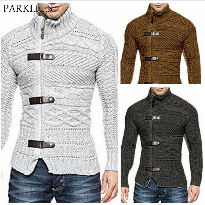Cable Knit Sweater Men Stand Collar Mens Zipper Cardigan Sweater Coats Casual Slim Autmn Winter Leather Buckle Knitwear Pull 3XL Cable Knit Sweater Men Stand Collar Mens Zipper Cardigan Sweater Coats Casual Slim Autmn Winter Leather Buckle Knitwear Pull 3XL