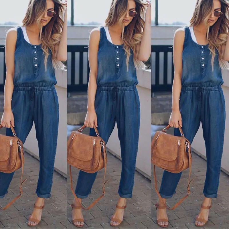 Mono vaquero liso sin mangas para mujer, pantalones largos, ropa de discoteca, monos de pantalones, traje azul marino, novedad de Verano de 2020