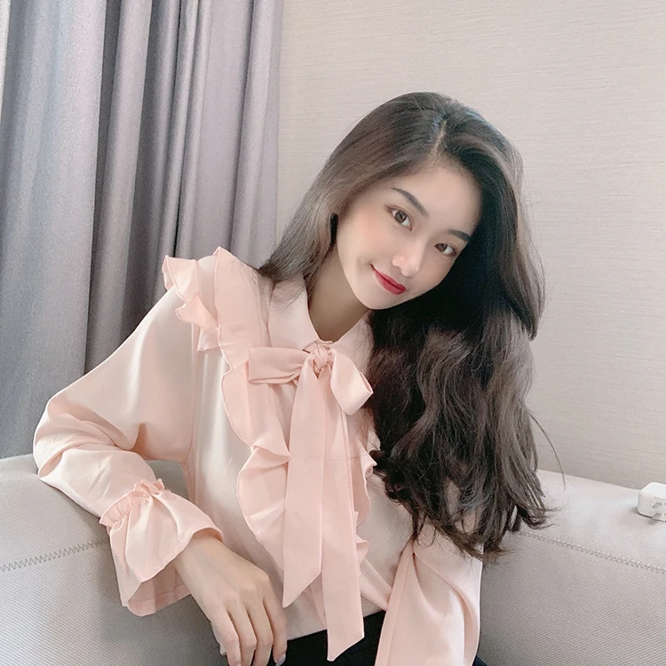 Blusa de mujer; новые женские блузки в корейском деловом стиле элегантные и топы для девочек, детские комплекты осень, банты, гофрированный шифон рубашка женская A5839