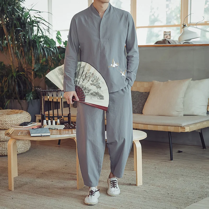 

2019 New Style Set Chinese-style Men Crane Embroidery Long Sleeve Large Size V-neck Loose-Fit Flax Leisure Suit