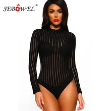 SEBOWEL Long Sleeve High Neck Black Bodysuits Woman Casual Spring Female Turtleneck Perspective Sheer Striped Body Top Clothes SEBOWEL Long Sleeve High Neck Black Bodysuits Woman Casual Spring Female Turtleneck Perspective Sheer Striped Body Top Clothes