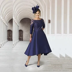 Navy Blue Mother Of The Bride Dresses A-line 3/4 Sleeves Appliques Beaded Plus Size Short Groom Mother Dresses For Wedding