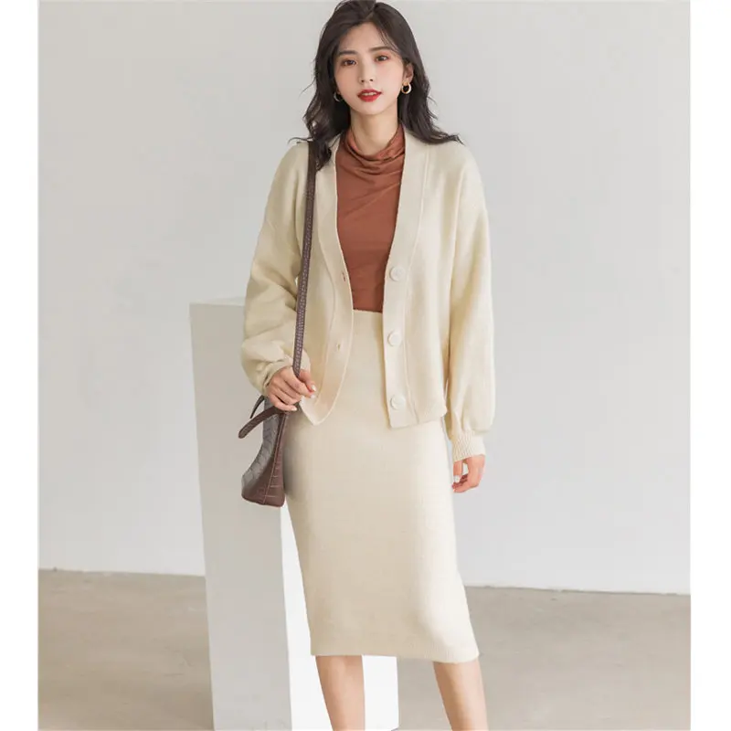 

HziriP Autumn Women Solid Knitted Cardigans Casual Sweaters+ Elastic Waist Brief Skirts All-Match Women Set 2 Piece Sets Suits