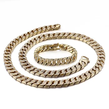 

Hiphop Men's Cuban Necklace Bracelet Set 3A Zircon High Quality Rock Jewelry 12MM Wide Cuban Chain