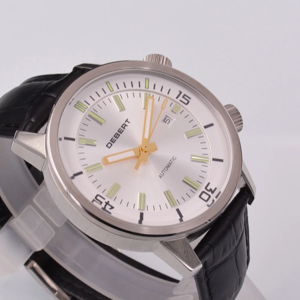 Роскошные мужские часы с белым циферблатом, 44,5 мм, светящиеся автоматические сапфировые механические часы, стекло, Чайка, календарь, кожа