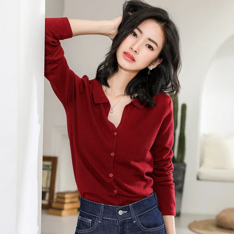 

2019 New Style Spring And Autumn Wool Cardigan Women's Short Sweater Shirt Small Coat Polo Collar Shirt on Behalf