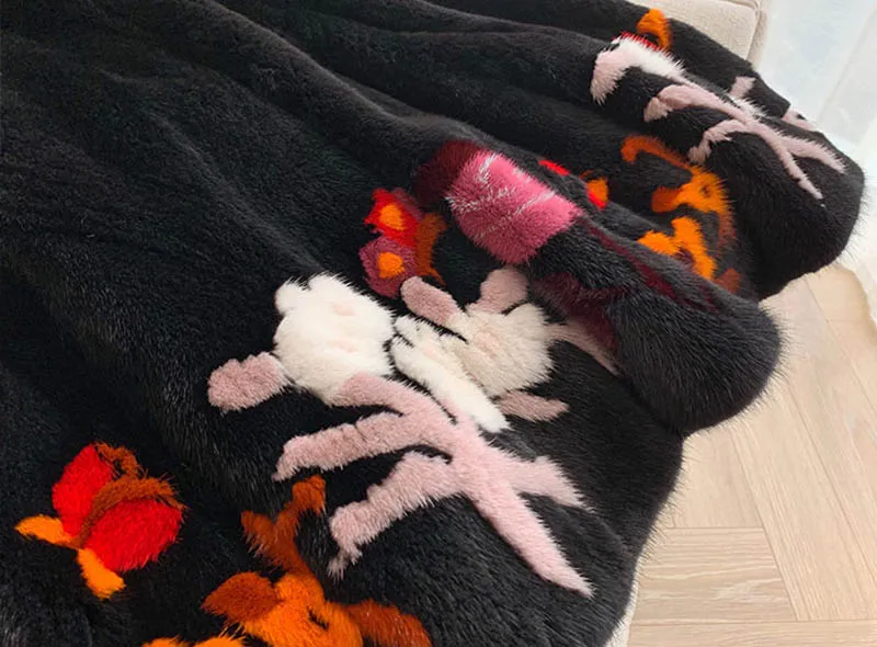Ftangaiur Winter Import Velvet Mink Fur Coat Print Turn-Down Collar Mink Coat Women's X-Long Natural Real Mink Fur Coats