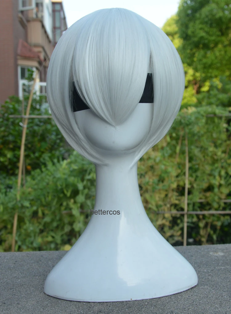 

NieR:Automata 9S YoRHa No.9 Model S Cosplay Wigs Short White Mixed Heat Resistant Synthetic Hair Wig +Wig Cap+ Free Black Ribbon