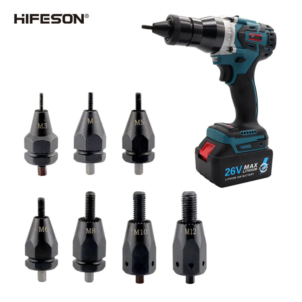 HIFESON Brushless Electric Ramm Gun 26V Rechargeable Automatic Rivet Nut Gun Rivet Tool M3-M12 With 5.2Ah Lithium Battery