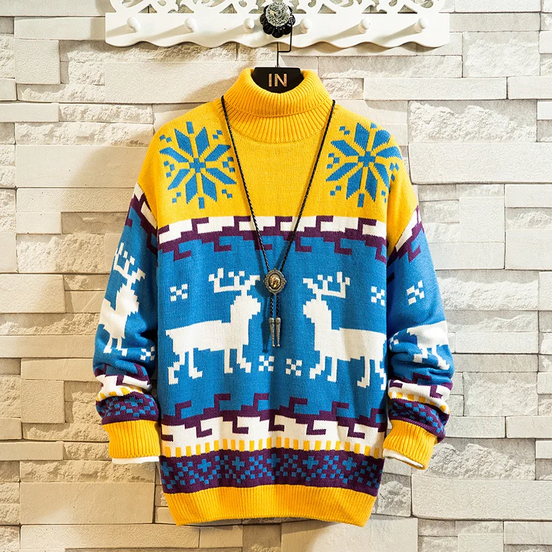 Autumn Fashion Turtleneck Sweater Men Sika Deer Pattern Retro Silm Fit Knitted Pullovers Christmas Gift Male | Мужская одежда