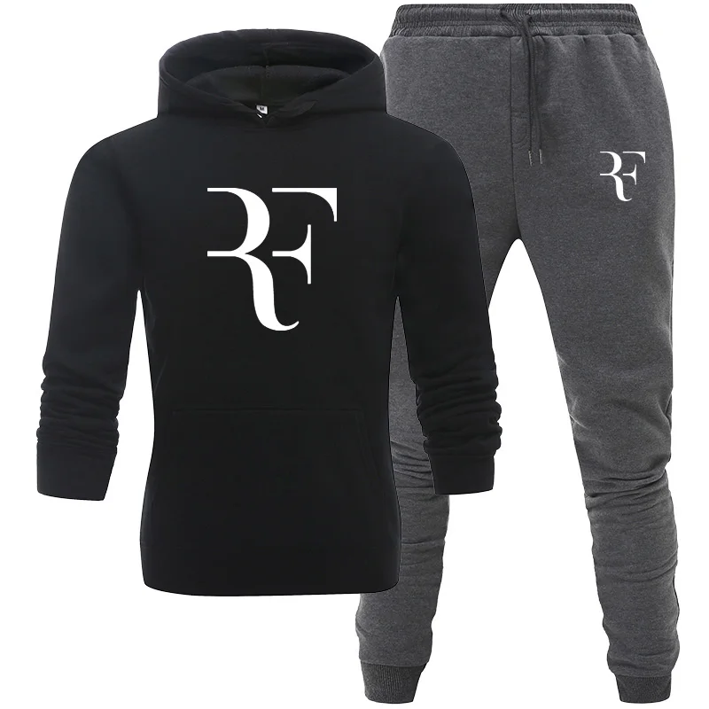 black Dark gray Новинка, мужской спортивный костюм, мужская толстовка с капюшоном, штаны, комплект, зимний спортивный костюм, одежда, повседневные толстовки, пальто, мужской комплект для бега, комплект спортивной одежды - Цвет: black Dark gray
